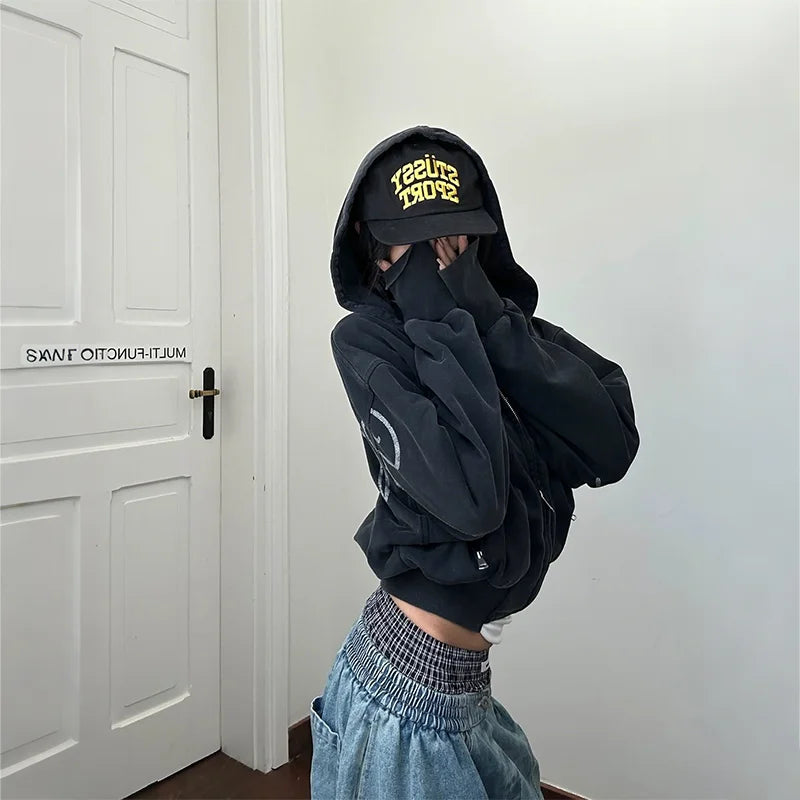 Y2K Fashion Retro Hoodie Artistic White Letter Print Long Sleeve Zip Up Hooded Sweatshirt Men Women Distressed Washed Streetwear