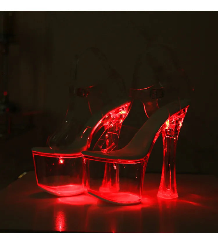 17.5CM Extreme High Heels Glowing Platform Clear Heels Nightclub Sandals For Women Transparent PVC Fashion Model Catwalk Shoes