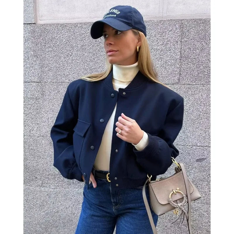 MUJER 2025 Woman Bomber Jacket White Autumn Winter Button Cropped Jackets for Women Fashion Long Sleeve Women Coats Outerwears