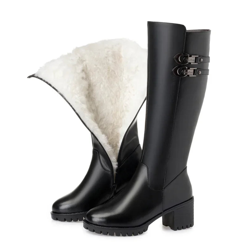 Big Size 35-43 Winter Boots Women Wool Warm Thick Heel Knee High Boots Genuine Leather Round Toe High Heel Women Boots