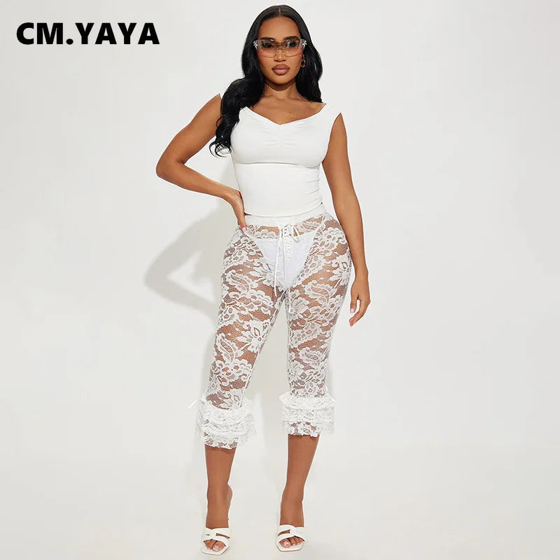 CM.YAYA Women Fashion Sexy Party Clubwear Lace Floral See Though Cascading Ruffles Hem Flare Lace Up Pants Capris 2025 Trousers