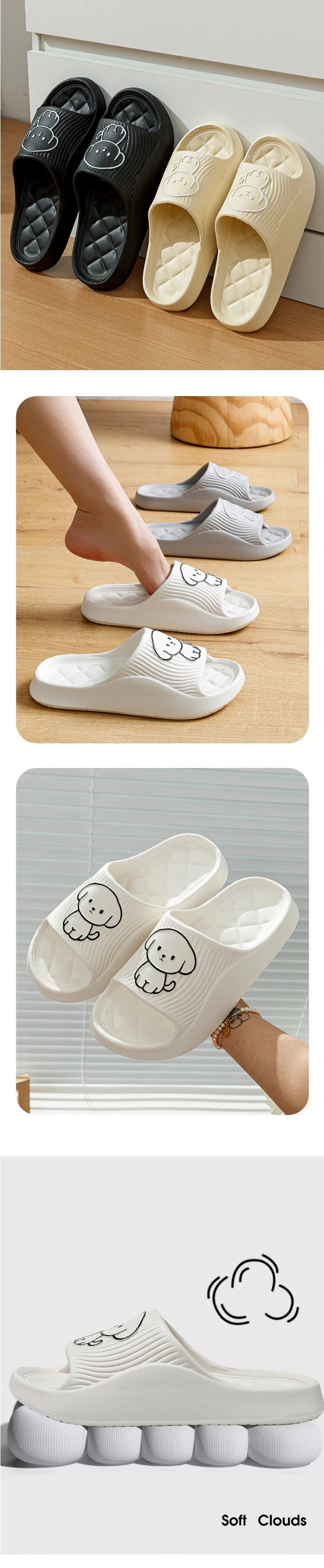 Cute Carton Slippers Bathroom Slippers Cloud Cushion Slides Summer Soft Thick Platform Home Men Indoor Non-slip Flat Flip Flops