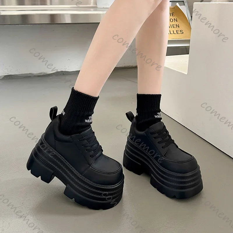 Thick Bottom Fashion Women Pumps Spring Autumn New Height Increase Black Lace Loafers Female High Heels Shoes