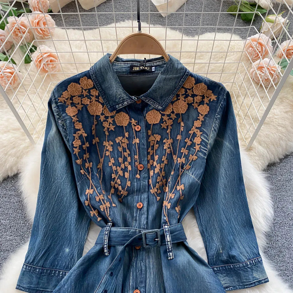 AYUALIN Denim Long Dress for Women Ethnic Floral Embroidery Boho A-line Casual Summer Vestidos Lapel Long Sleeve Dresses Lady