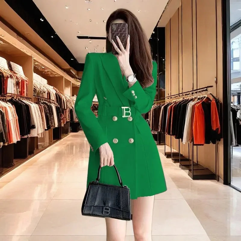2025 New Spring Autumn Chic Casual Outwear Jacket Outwear Women's Belt Medium Long Double Row Long Sleeve Professional Suit Tops