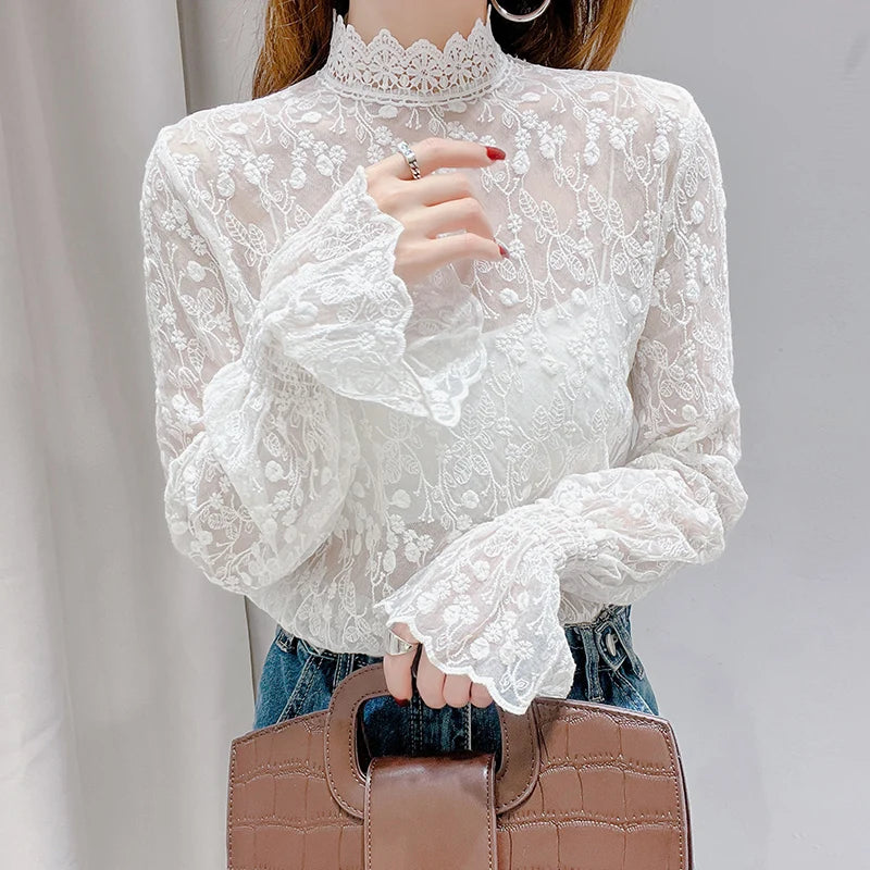 Lace Long Sleeve Shirts Women Plus-velvet Slim Basic Mock Neck Hollow Embroidery Autumn Winter Tops Gentle Elegant Chic Female