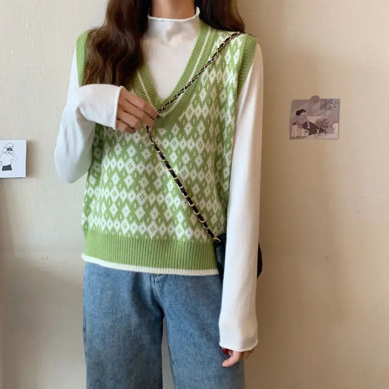 Women Sweater Vest Spring Autumn Fashion Female Casual Loose V-neck Knitted Waistcoat Sleeveless Sweater Pullover Tops Knit Vest