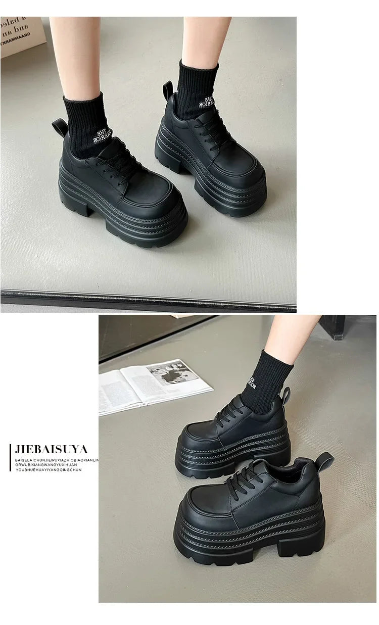 Thick Bottom Fashion Women Pumps Spring Autumn New Height Increase Black Lace Loafers Female High Heels Shoes