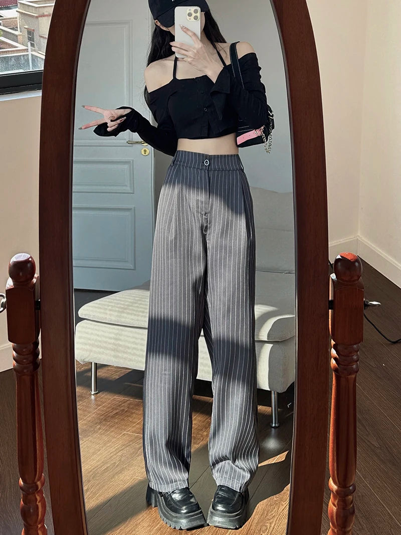 Slimming High Waist Trousers Women's Loose Striped Wide Leg Pants Korean Sle Commute Faion plus Size Long Trousers