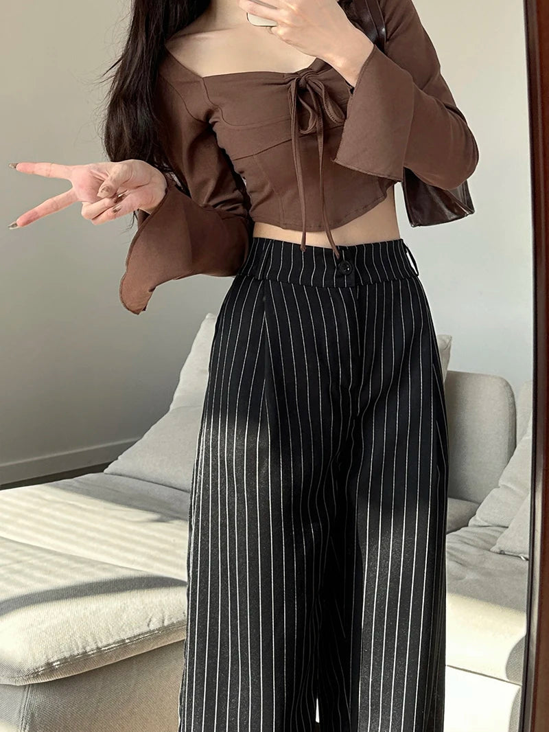 Slimming High Waist Trousers Women's Loose Striped Wide Leg Pants Korean Sle Commute Faion plus Size Long Trousers