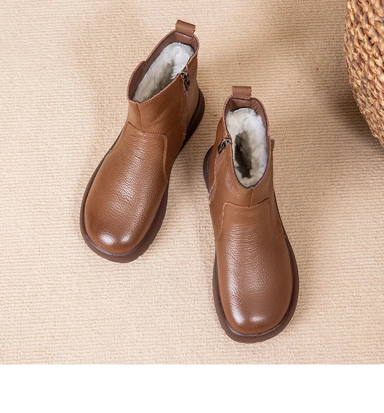 GKTINOO 2025 Winter New Genuine Leather Side Zipper Flat Bottom Women's Short Boots Soft Sole Plush Warm Cotton Shoes
