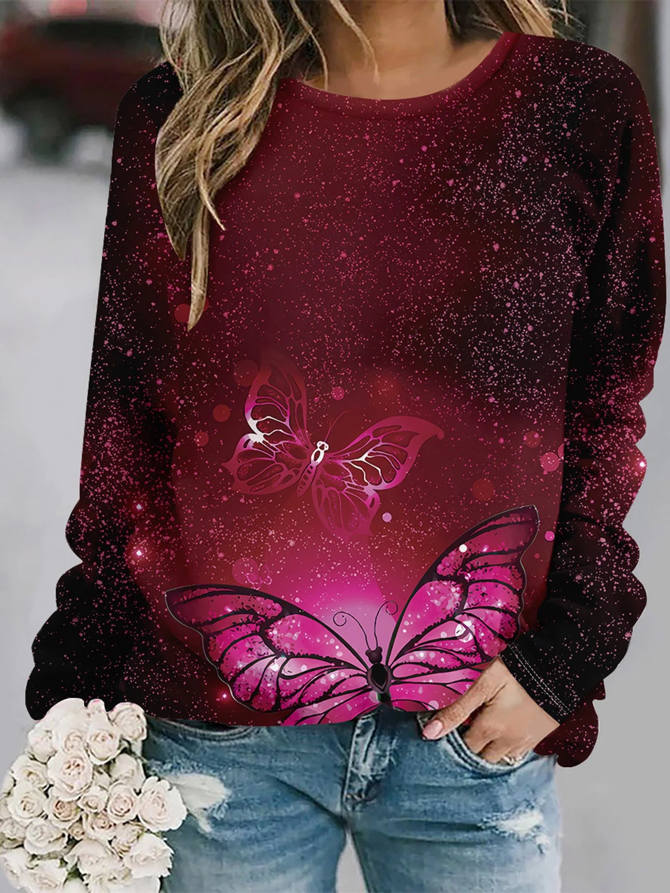 2025 Autumn and winter new fashion round neck long sleeve printed elegant casual loose hoodie