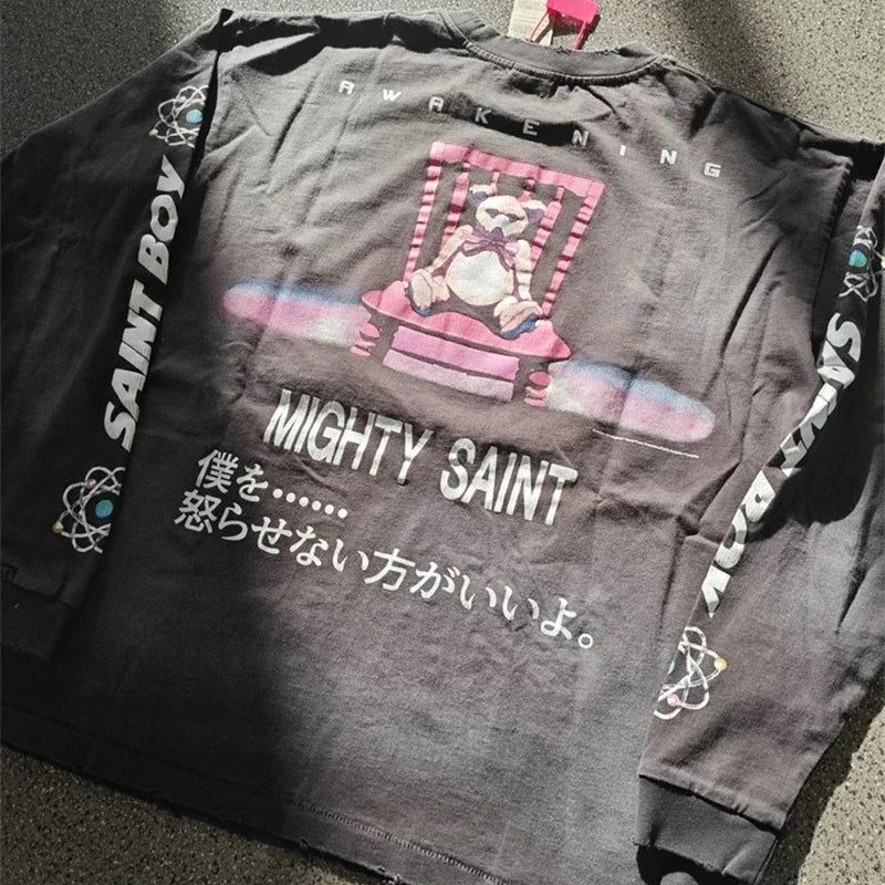 25SS Pure Cotton Saint Michael Long Sleeved T Shirts Men Women 1:1 Washed Black Manga Character Print Hoodies
