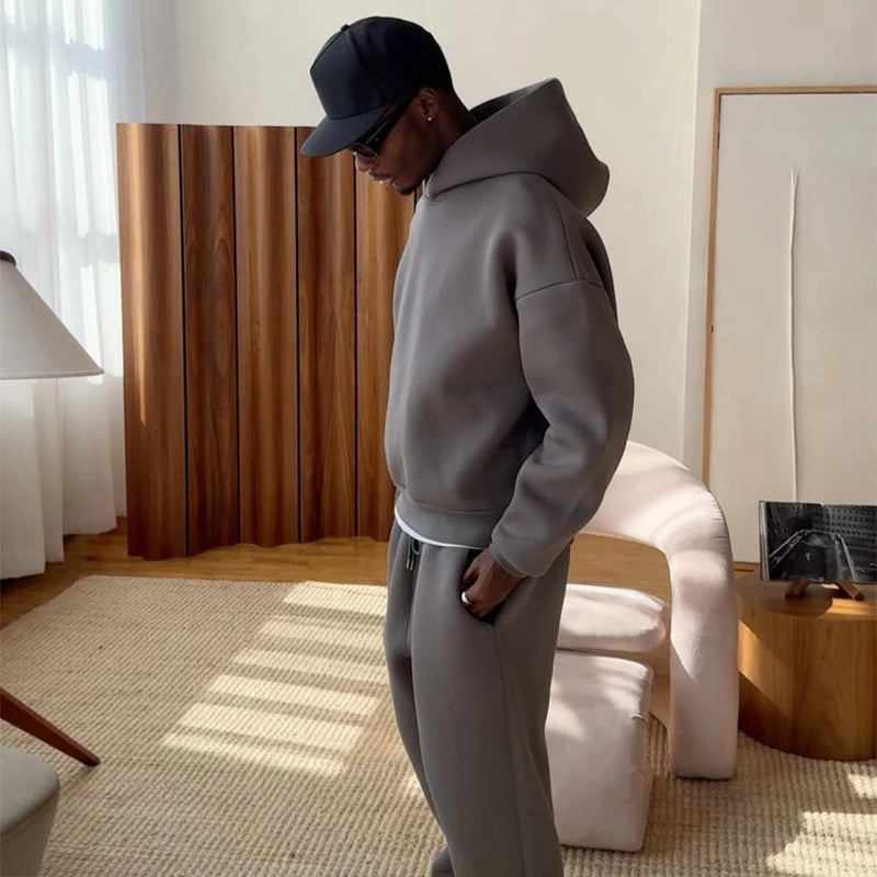 Casual Solid Hooded Pullover Straight Pants 2 Piece Set Tracksuit For Male Fashion Loose Hoodies Sweatshirt Wide Leg Sweatpants
