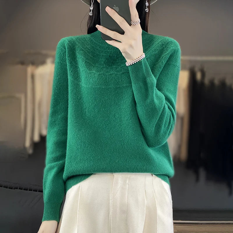 2024 New Line Of Garment Hollowed Out Half Height Women's High-grade Woolen Sweater 100% Pure Wool Multi-color Option WQ