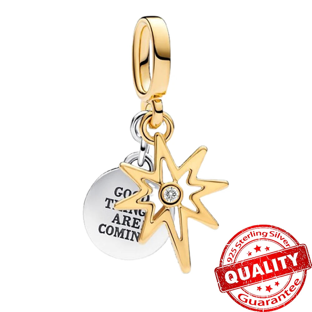 New 925 Sterling Silver Two Tone Golden Sunflower Lucky Stars Charm Fit Bracelet & Necklace Sun Moon Diamond Charm Jewelry DIY