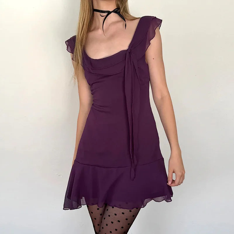 European and American style women's spring new fashion sexy French temperament sleeveless square collar ruffled chiffon dress