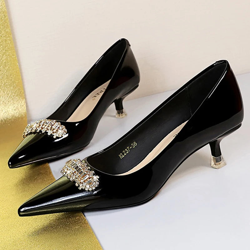 BIGTREE Shoes 4.5 cm Rhinestone metal decoration Kitten high heels patent leather Women Pumps stilettos Lady Shoes Plus Size 43