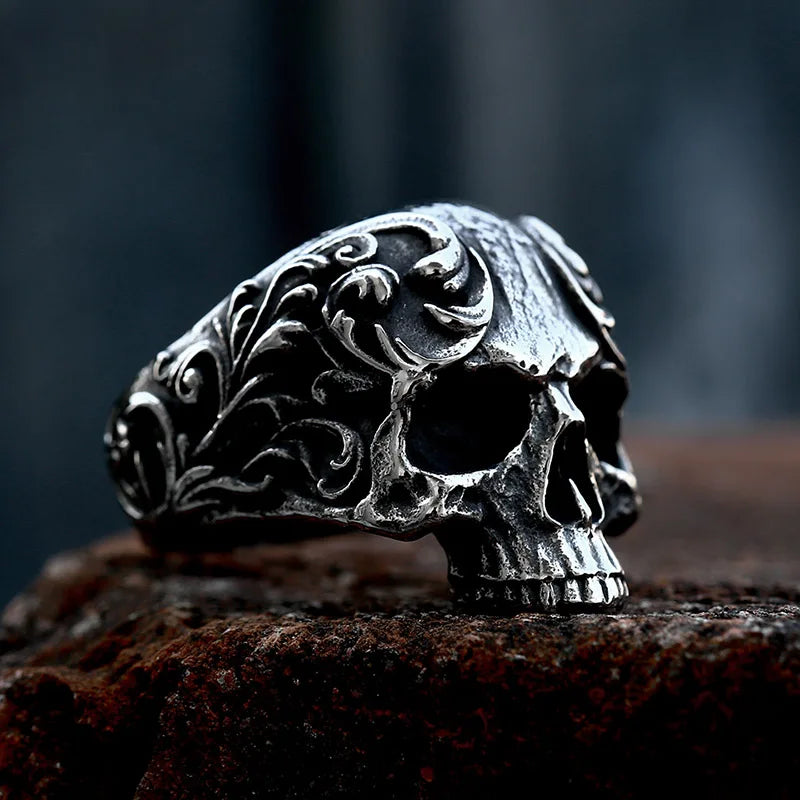 BEIER Wholesale Classic Garden Flower Skull Ring For Man Stainless Steel Man's Punk Style Jewelry BR8-071 US Size Halloween Gift