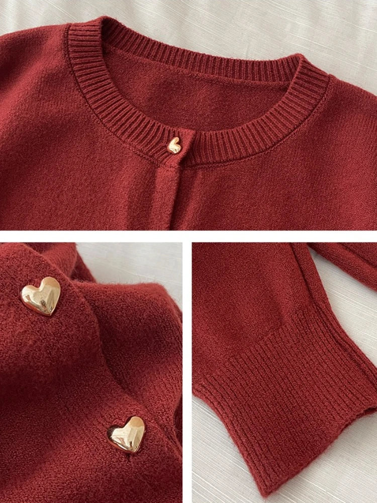 Autumn Winter 2025 New Women's Retro Love Small Gold Buckle Cardigan Female Casual Solid Long Sleeve Slim Knitted Sweater