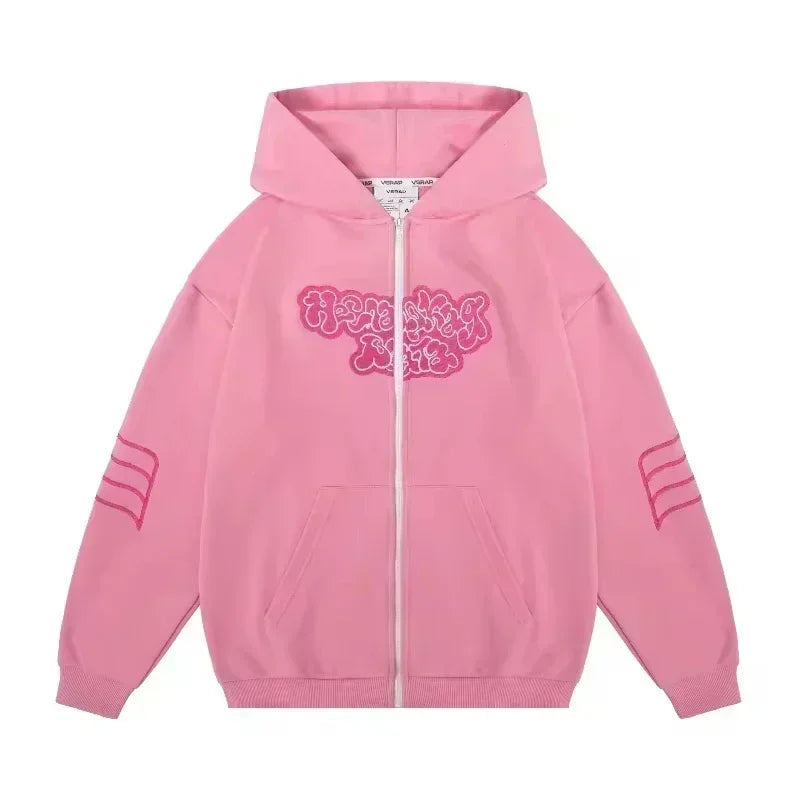 American Y2K New Fashion Trend Fleece Padded Zipper Hoodie Women Street Hip Hop Joker Loose Sweatshirt Couple Casual Punk Hoodie