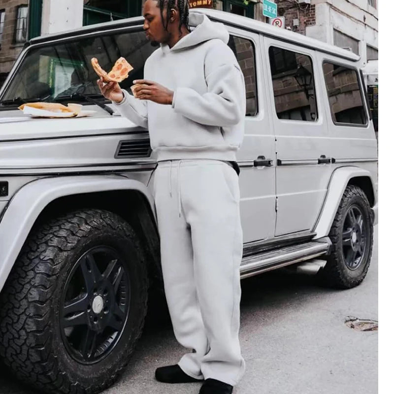 Casual Solid Hooded Pullover Straight Pants 2 Piece Set Tracksuit For Male Fashion Loose Hoodies Sweatshirt Wide Leg Sweatpants