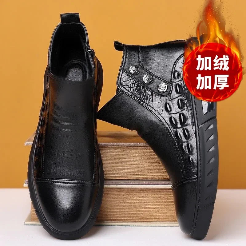 Luxury Men Boots Fashion High-top Platform Boot Classic Business Casual Leather Boots Winter Plush Warm Cotton Boots for Men2025