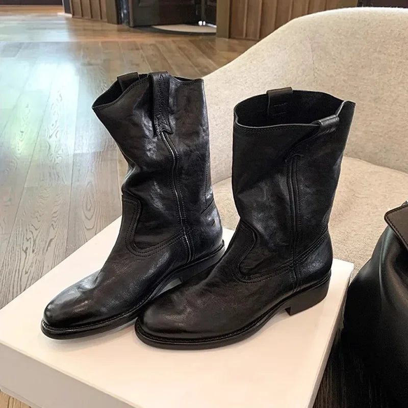 New Fashion Boots for Women Spring/Autumn Square Heel Female Mid-Calf Boots Ladies Slip-On Pointed Toe WESTERN Boots Women