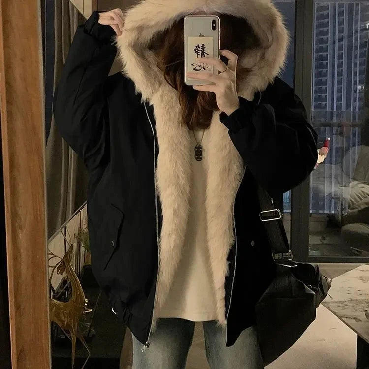 Double-Sided Warm Fur Coat Women Autumn Winter Loose Thicken Plush Cotton Coat 2025 New Women Hooded Imitation Mink Fur Outwear
