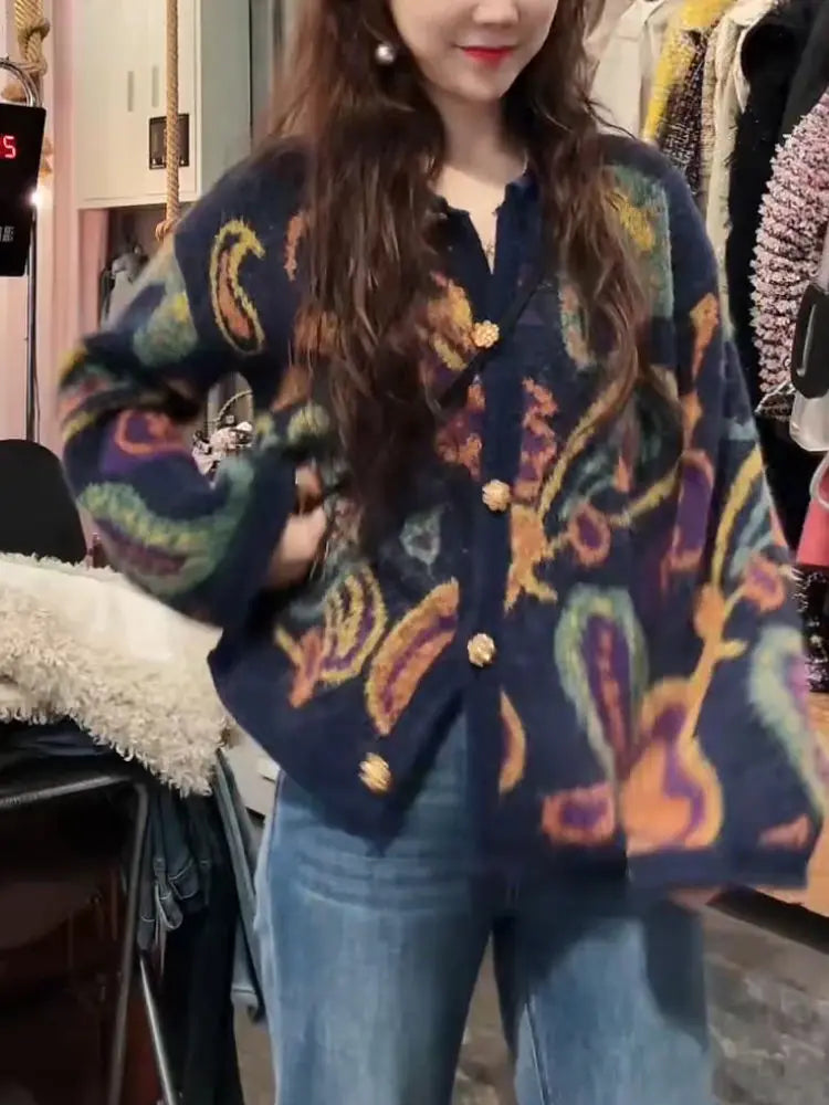 Ezgaga Knitted Cardigan Women Vintage Flowers Autumn Winter O Neck Loose Fashion Elegant Sweater Outwear Female Casual Tops