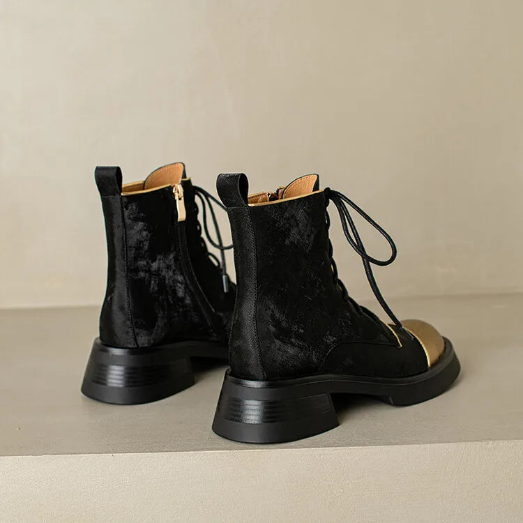 NEW Autumn Women Boots Genuine Leather Shoes for Women Round Toe Chunky Heel Shoes Lace-up Platform Boots Black Ankle Boots