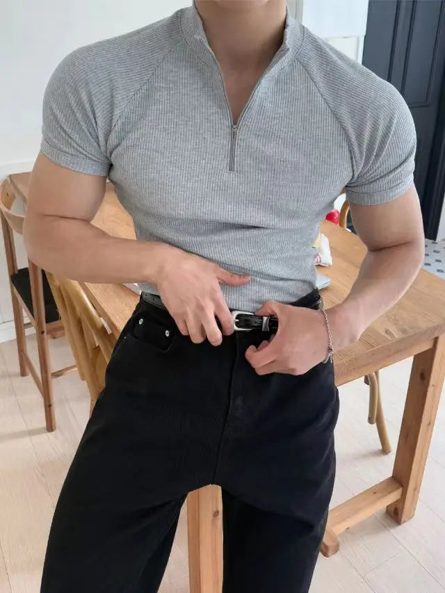 Summer New Men's Sportswear Casual Running And Fitness Stretch Solid Color Zipper Simple Striped Thick Short-sleeved T-shirt