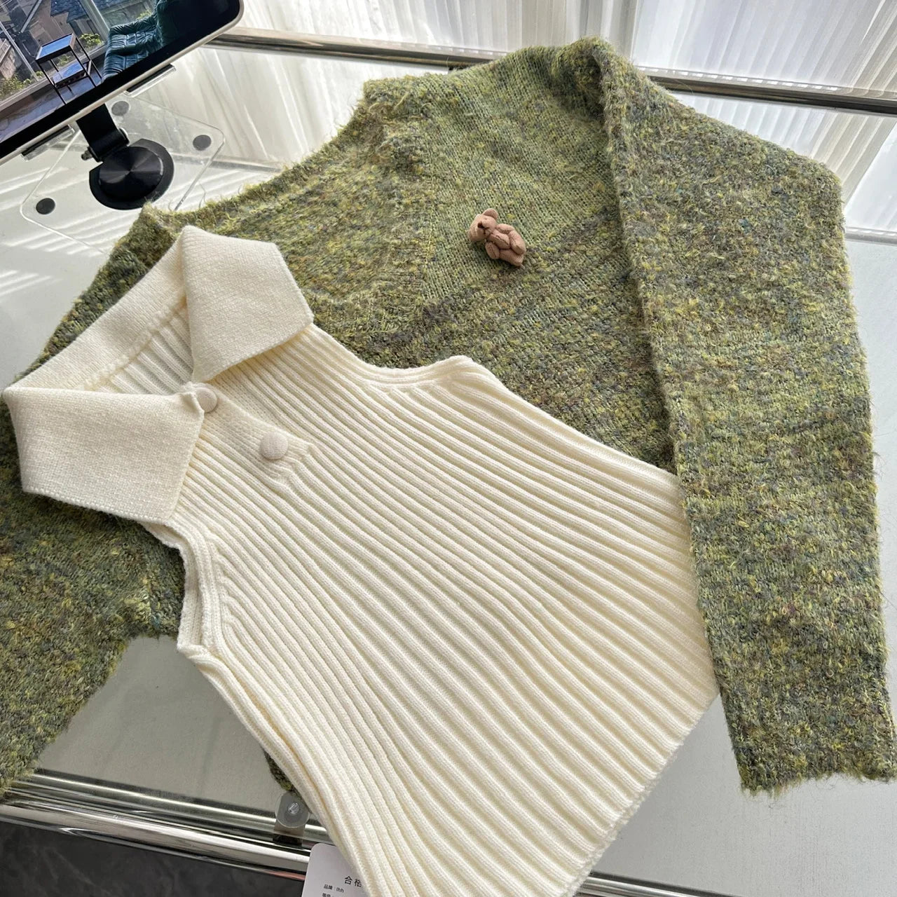 Autumn Winter Korean Cute Knitt 3 Piece Set Women Y2k Outfits Long Sleeve Crop Sweater + Knit Lapel Tank Tops + Mini Plaid Skirt