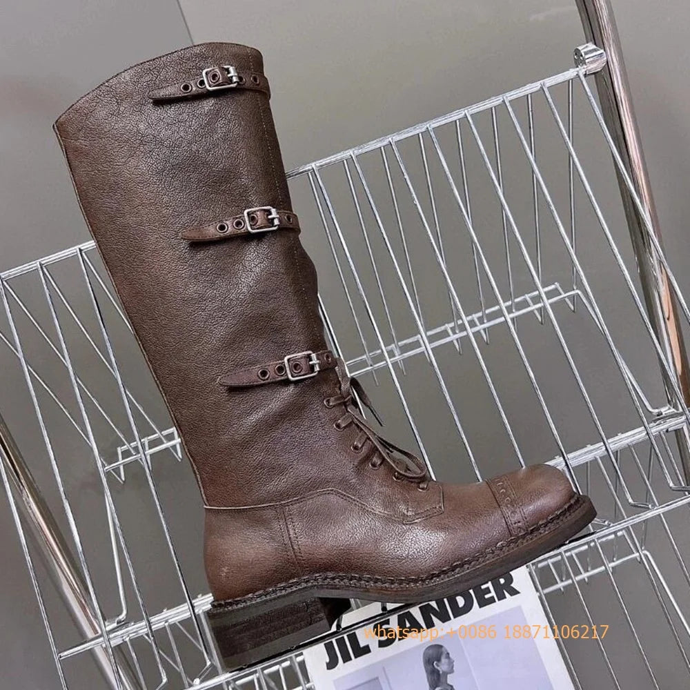 Genuine Leather Ladies Knight Boots 2025 Autumn Belt Buckle Model Catwalk Casual Long Boots Black/brown Thick Heel Casual Boots