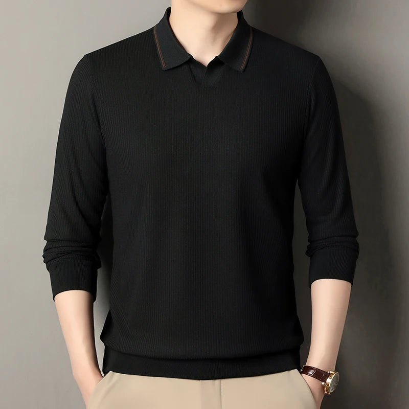 Spring and Autumn men's long sleeved T-shirt, polo shirt, casual trend, casual solid color, V-neck elastic, no heat T-shirt