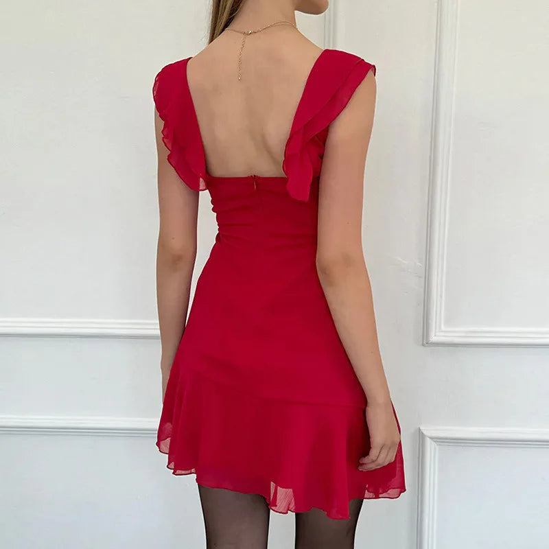 European and American style women's spring new fashion sexy French temperament sleeveless square collar ruffled chiffon dress