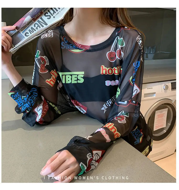 Women Letter Graphic Print Sexy Sheer Mesh Harajuku Y2K T Shirt Summer Trendy Long Sleeve Thin Tees Casual Streetwear Tops Ropa