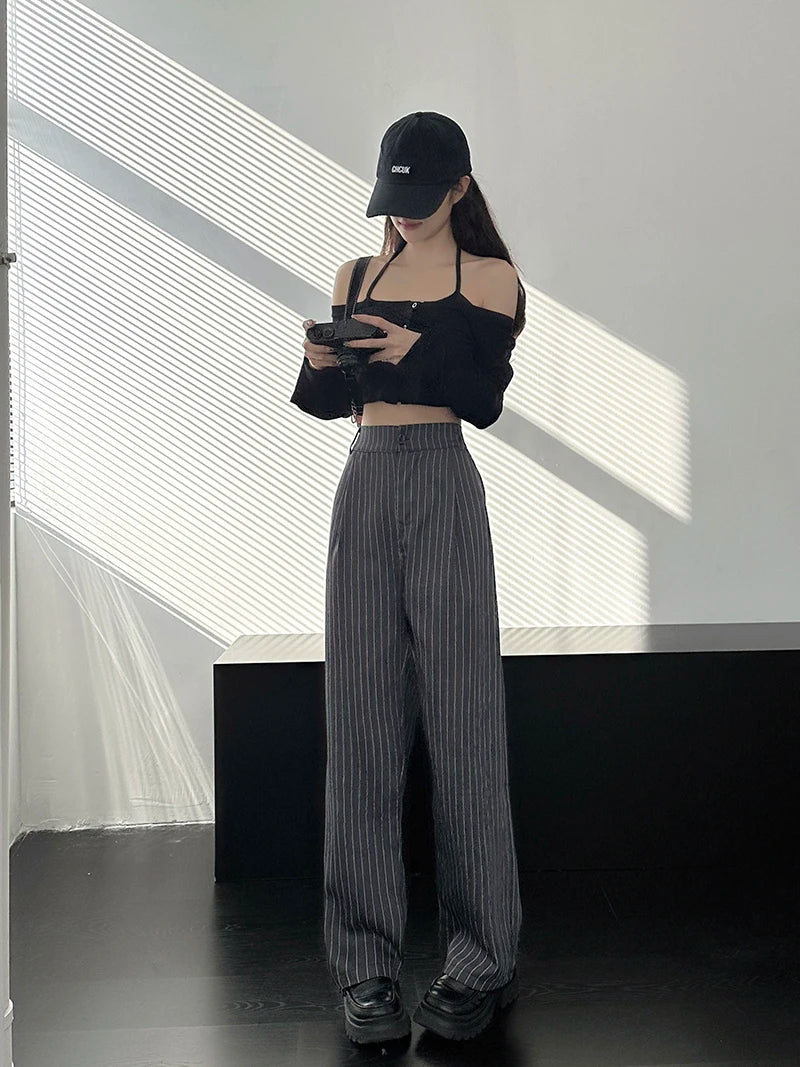 Slimming High Waist Trousers Women's Loose Striped Wide Leg Pants Korean Sle Commute Faion plus Size Long Trousers