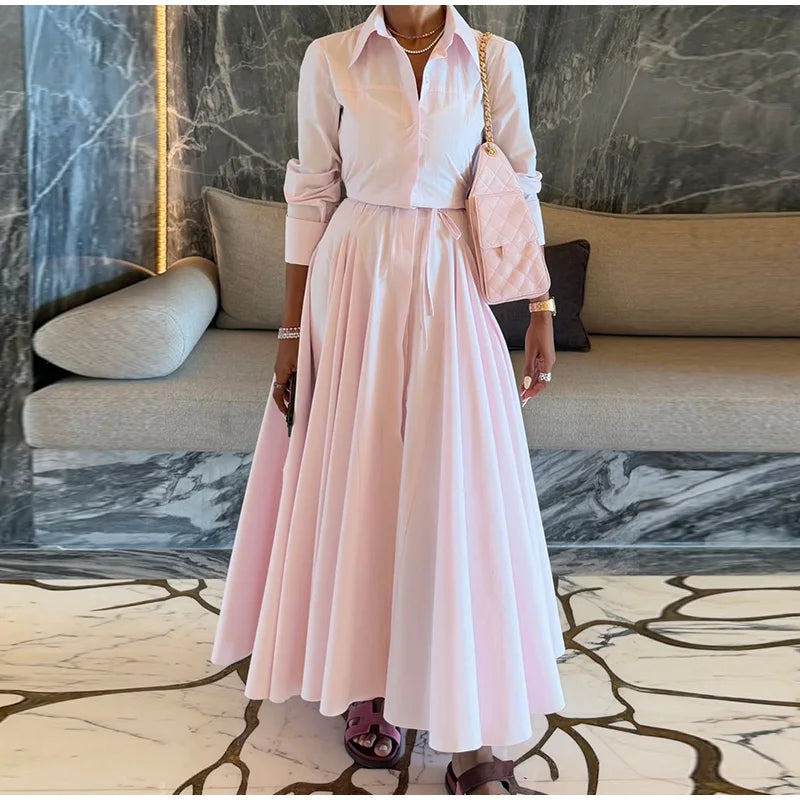 Casual Lapel Shirt Skirt Two Pieces Set Women Single Breasted Long Sleeve Top A-line Pleated Shirts 2025 Autumn Lady Solid Suit