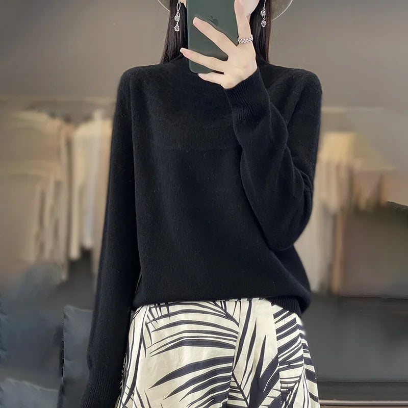2024 New Line Of Garment Hollowed Out Half Height Women's High-grade Woolen Sweater 100% Pure Wool Multi-color Option WQ