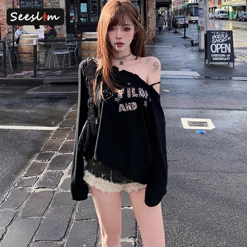 Hotsweet Graphic T Shirts Woman Clothes Long Sleeve Japanese 2000s Clothes Y2k Spring Tops Tees Female Clothing T-shirt Kawaii