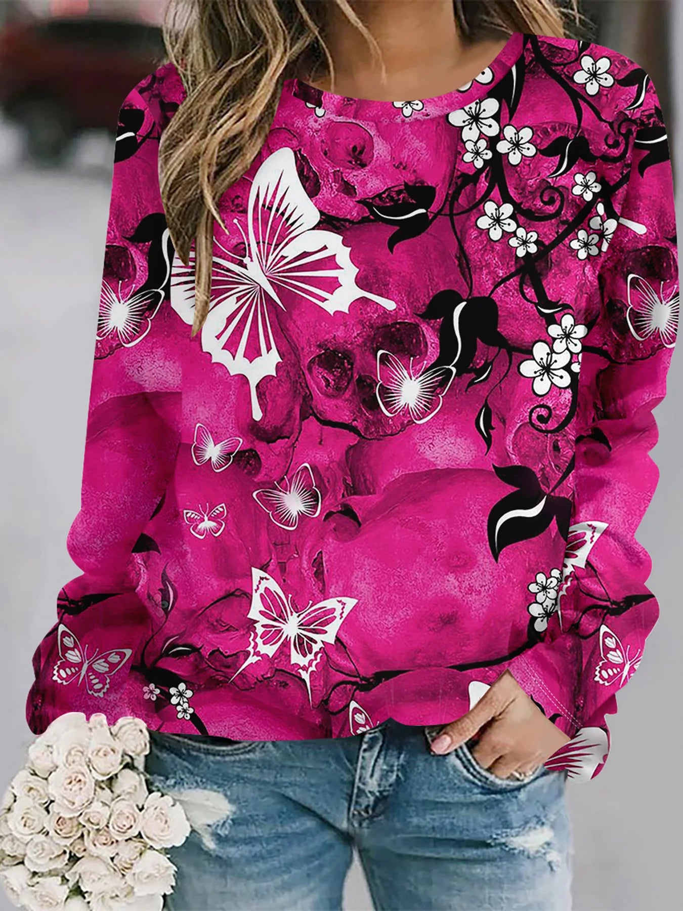 2025 Autumn and winter new fashion round neck long sleeve printed elegant casual loose hoodie