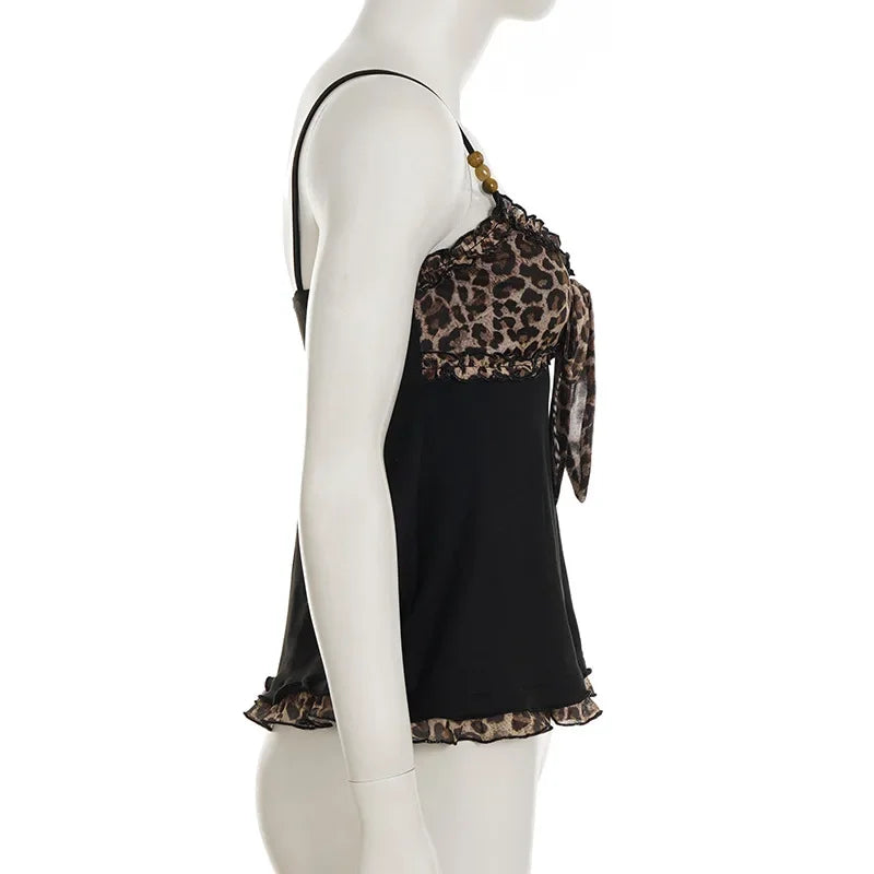 American Hotsweet Y2k Leopard Camisole Women Retro Streetwear E-girl 90s Dark Gothic Sexy Patchwork Lace-up Crop Tank Top Femme
