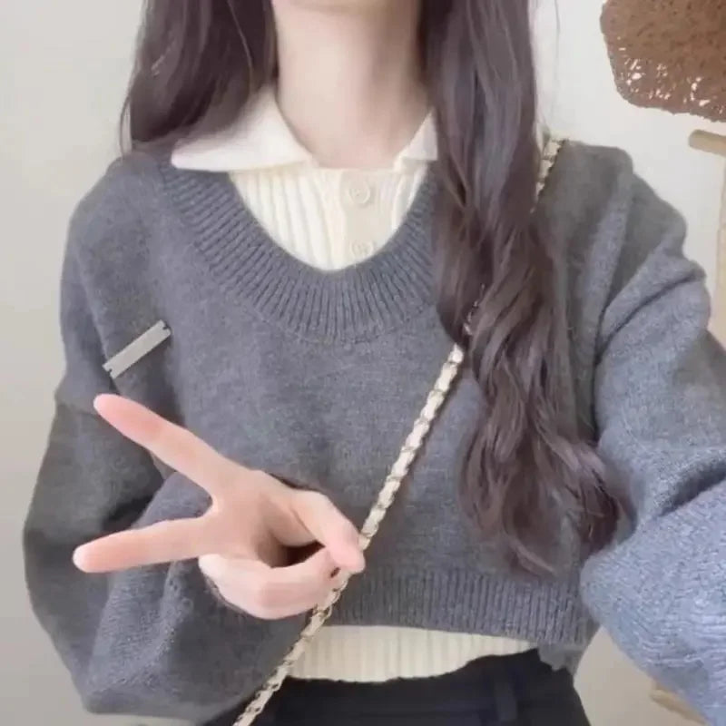 Preppy Style Women's Polo Collar Sweater 2-Piece Set Cropped Idle Style Knit Suit V-Neck Top For Spring And Autumn