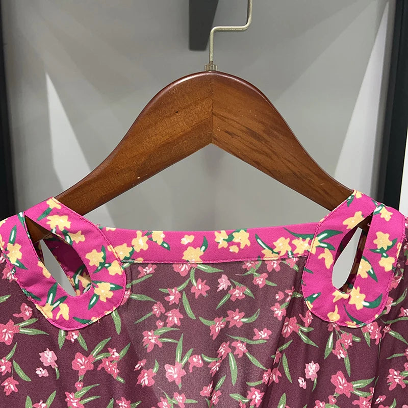 Waist Hollow out Women's Long Dress Deep V Short Sleeve 2025 Summer Lady Floral Printed Robe