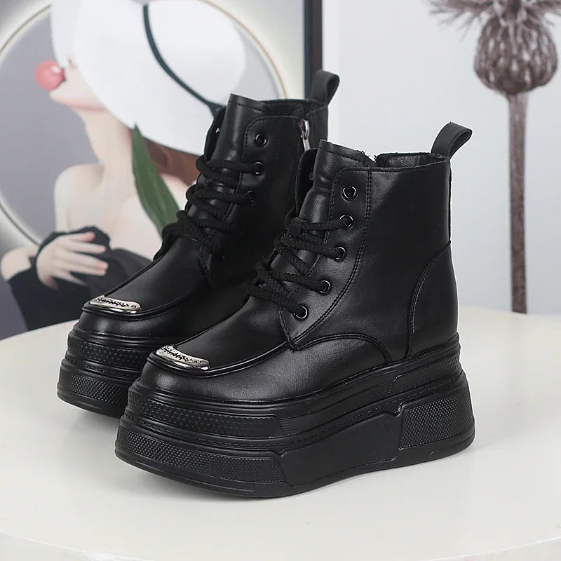 12CM Genuine Leather Winter Autumn Chimney Plush Spring Ankle Booties Fashion ZIP Women Moccasins Platform Wedge Shoes