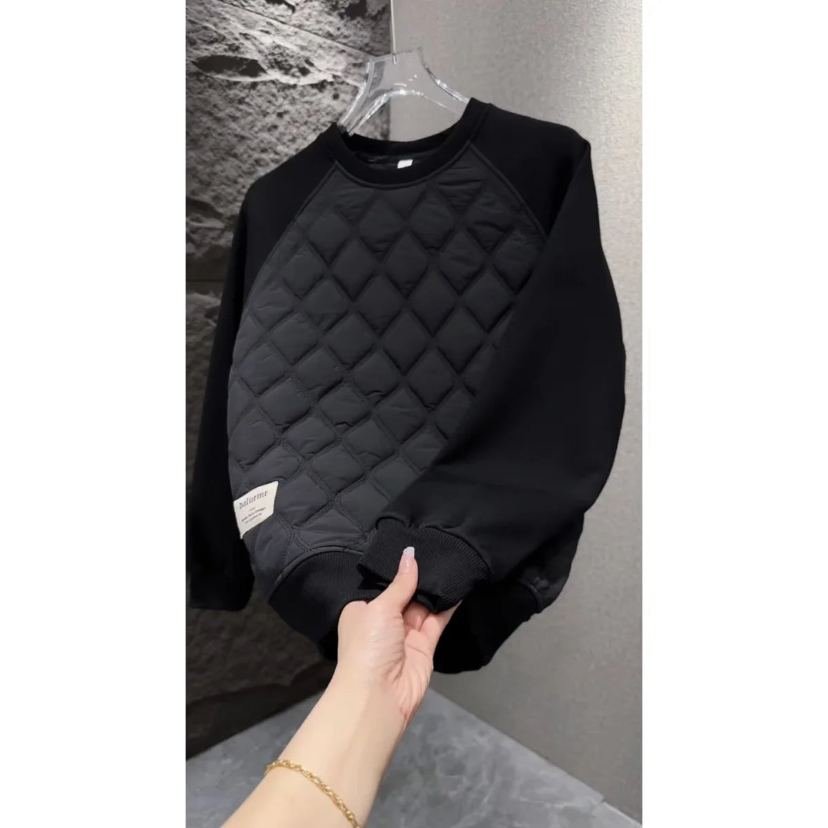 New Autumn and Winter Fashion Trend Diamond Grid Warm Base Cover Round Neck Top Men's Simple Hoodie Fashion Casual Top