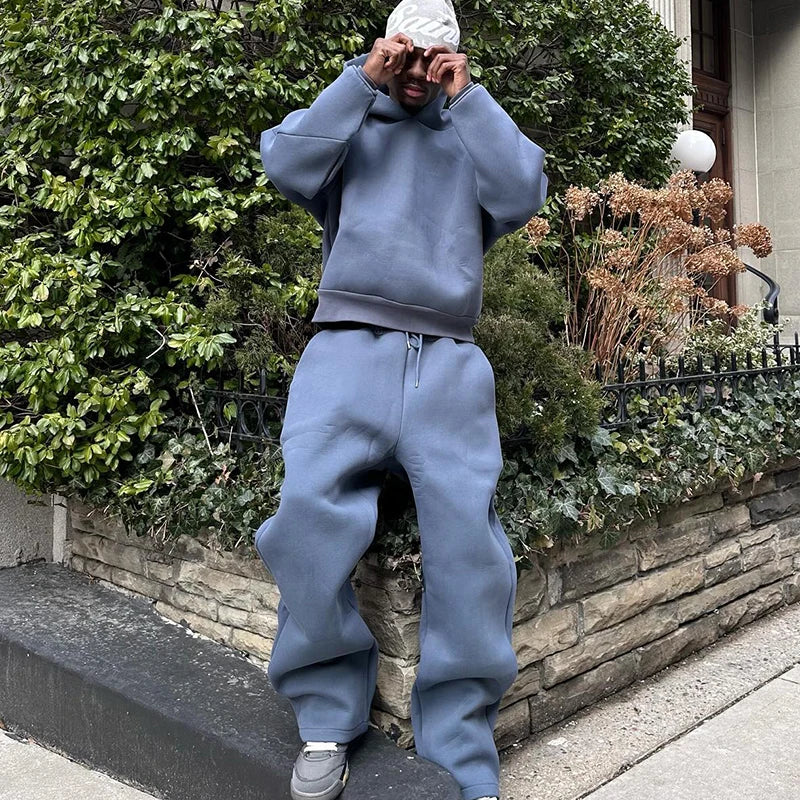 Casual Solid Hooded Pullover Straight Pants 2 Piece Set Tracksuit For Male Fashion Loose Hoodies Sweatshirt Wide Leg Sweatpants