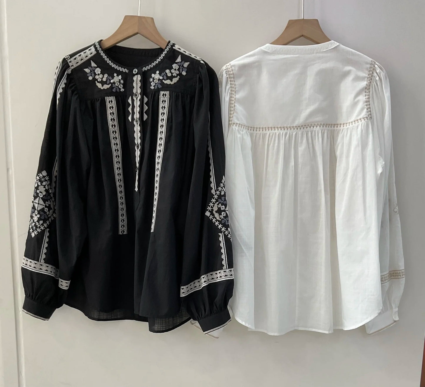 Women White Green Black Shirt Embroidery 100% Cotton Vintage Long Lantern Sleeve Front Buttons Lady O-neck Blouse 2025 Spring