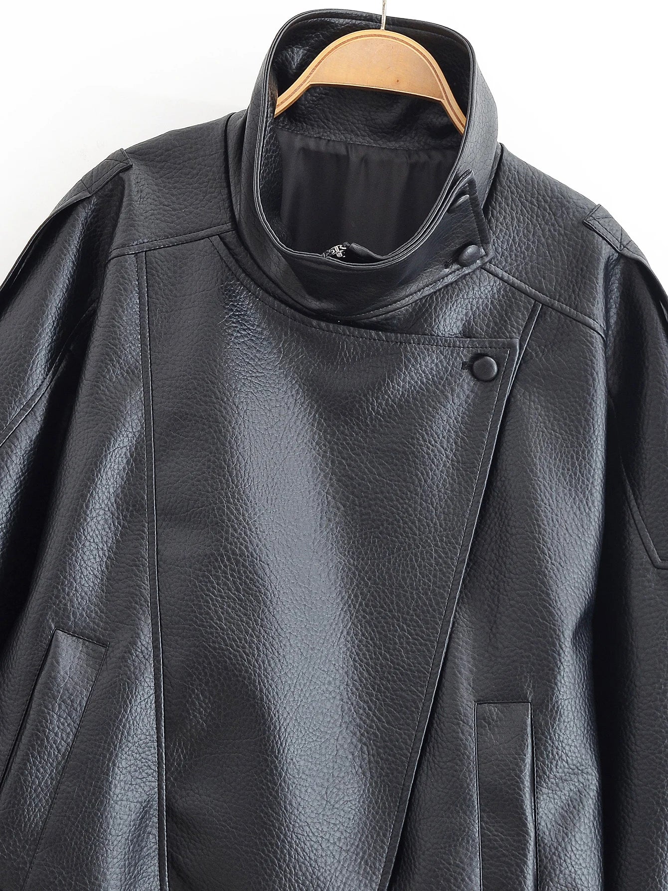 HH 2025 Autumn Women Pu Leather Jacket Vintage Solid Loose Long Sleeve Zipper Turtleneck Coat Casual Office Lady Outerwear
